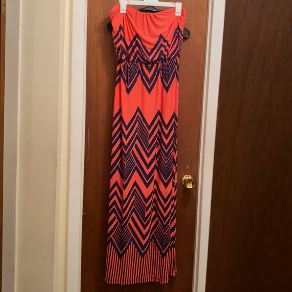 Coral and Navy strapless maxi